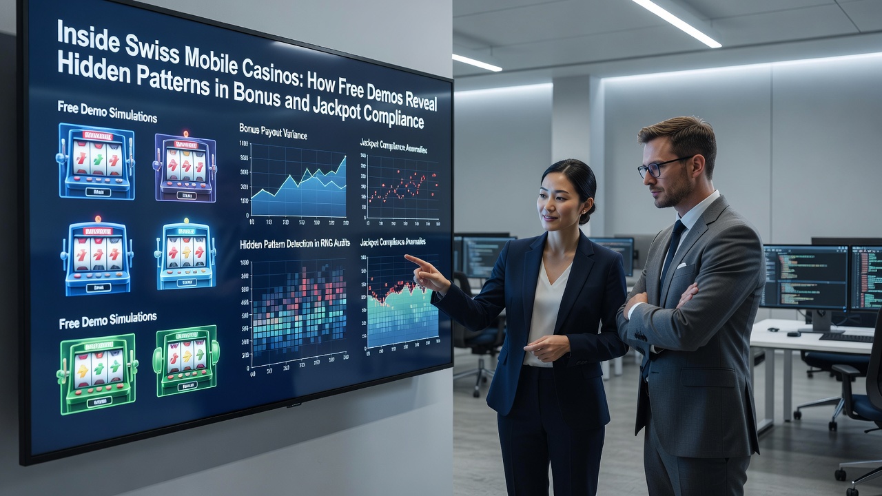 Analytics dashboard overlay on a Swiss mobile casino demo highlighting jackpot compliance metrics and bonus pattern logs