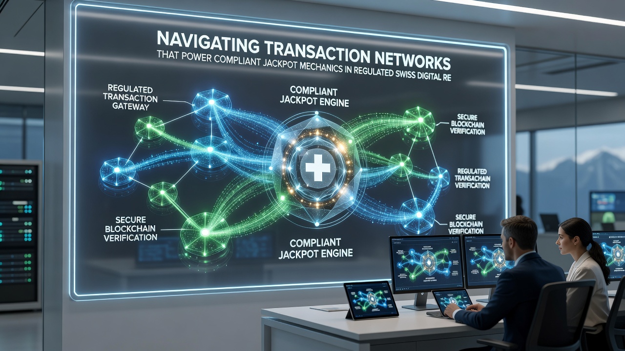 Illustration of secure data flows between Swiss gaming servers, banks, and regulatory oversight systems